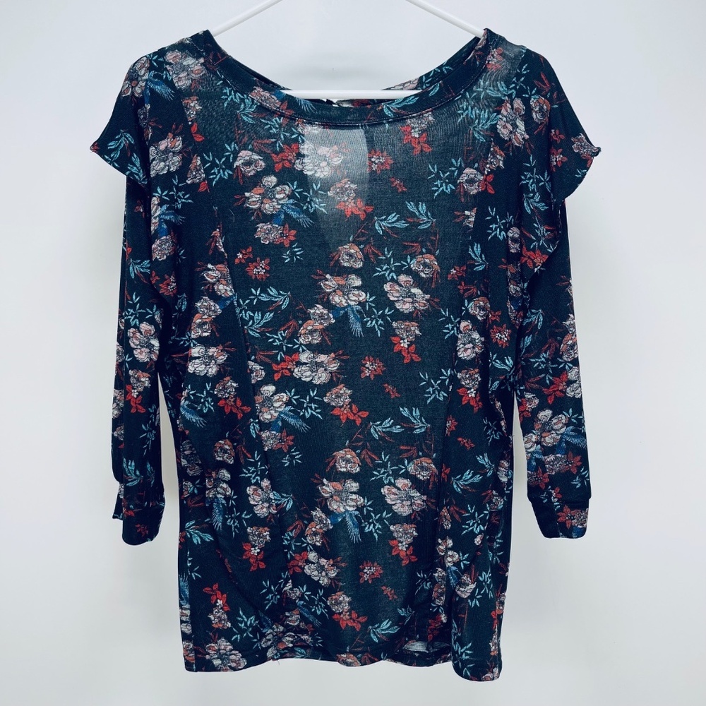 Free People Blouse Sz S Womens Dock Street Floral Ruffle Top Black Keyhole Back